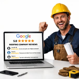 cinematic white background 5 star Google Reviews for a roofing company on a computer with a happy contractor-1
